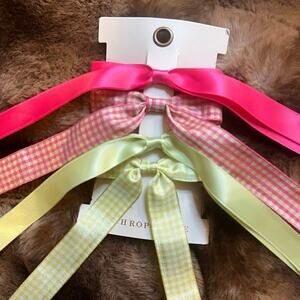 Anthropologie POSITANO GINGHAM HAIR BOWS SET OF 4 Lime Green & Hot Pink Ribbons